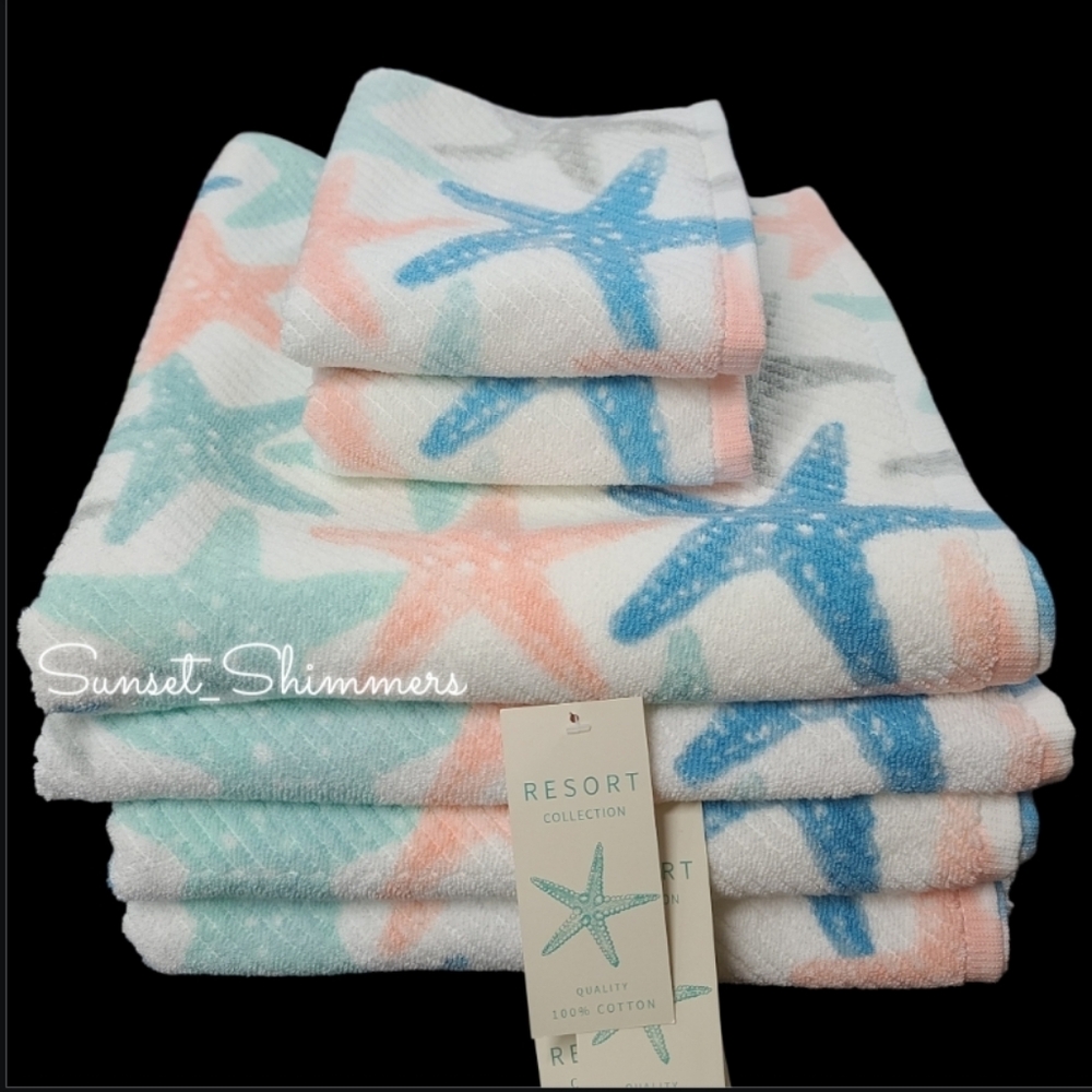 6pc Resort Collection Coastal Starfish Bath & Hand TOWEL Set 100% Cotton New